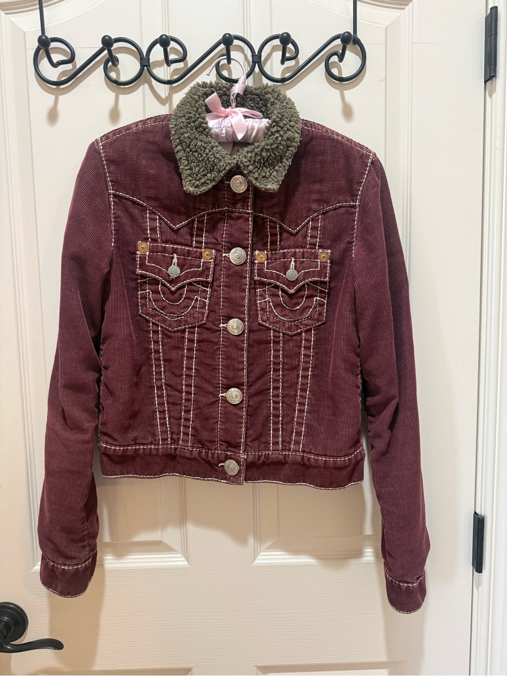 True Religion Burgundy/Wine Corduroy Jacket with Sherpa Collar size Small